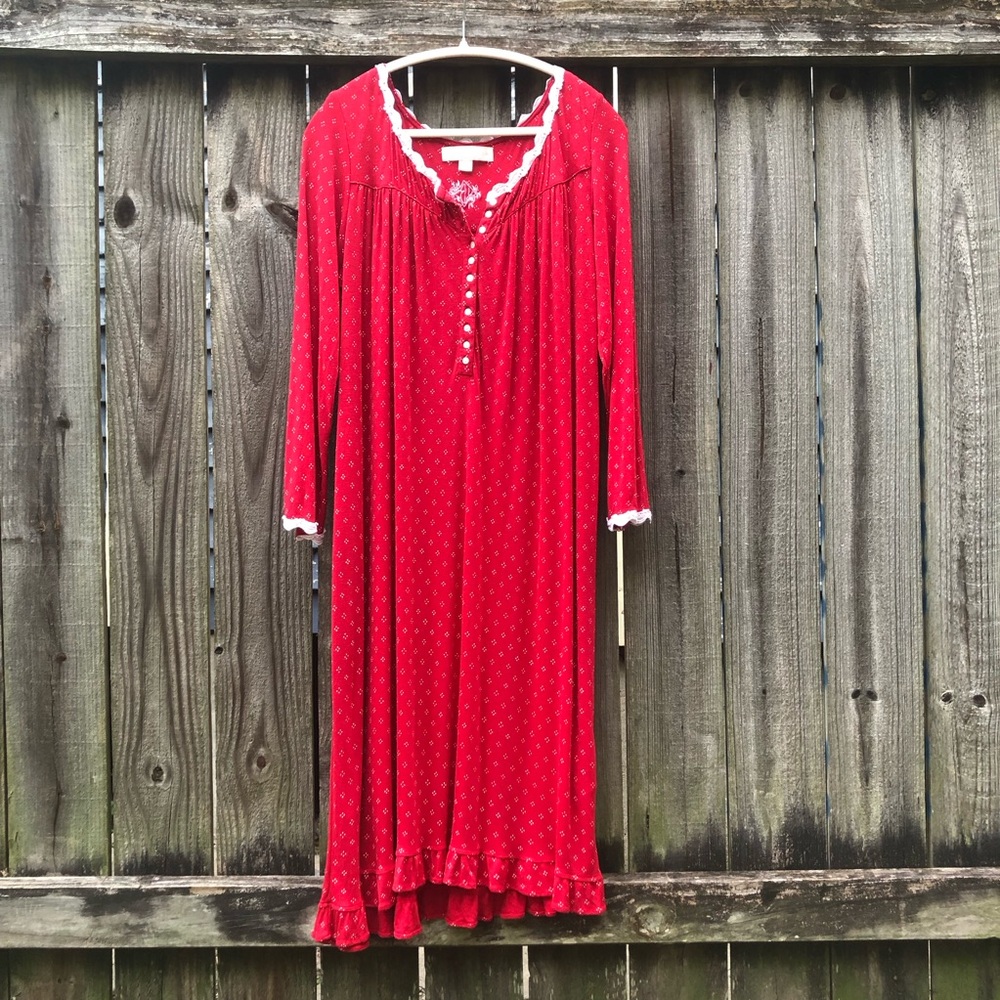 Eileen West Nightgown Jersey Long Sleeves Red White Dot Lace Trim